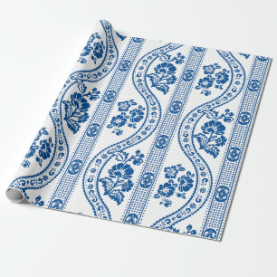Blauwe Bloemstreep Elegantie Cadeaupapier