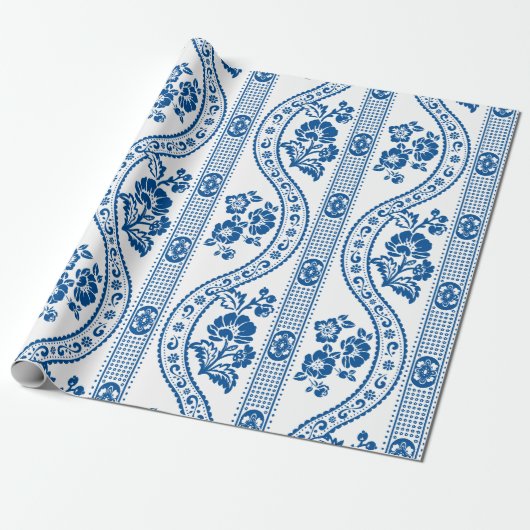 Blauwe Bloemstreep Elegantie Cadeaupapier (Uitgerold)
