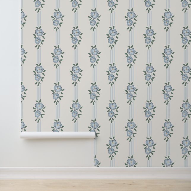 Blauwe bloemstreep vintage cottagebehang  behang (Applicatie)