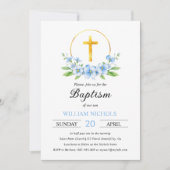 Blauwe bloemstuk, gouden kruis jongen doop kaart (Voorkant)