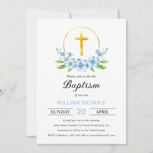 Blauwe bloemstuk, gouden kruis jongen doop kaart (Voorkant)