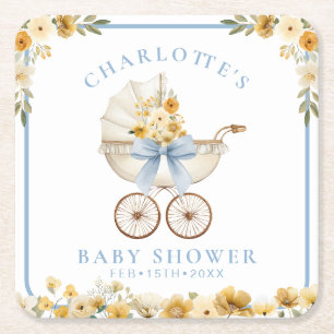 Blauwe Bloemstuk Koets Baby Shower Papieren Onderz Kartonnen Onderzetters