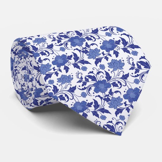 Blauwe Bloemstuk Toile Waterverf Vintage Bruiloft Stropdas (Opgerold)