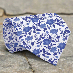 Blauwe Bloemstuk Toile Waterverf Vintage Bruiloft Stropdas