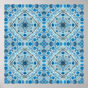 Blauwe bloemtegels poster