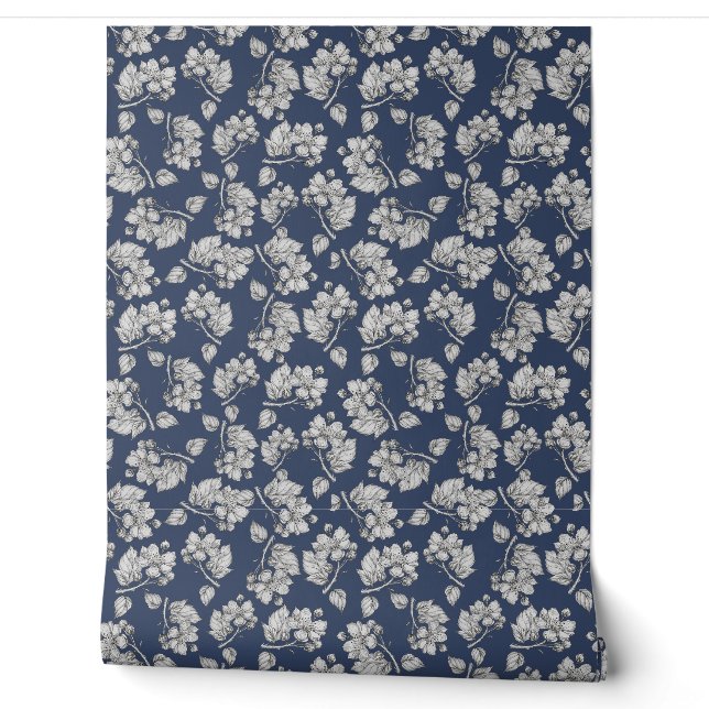 Blauwe bloemtextuur behang  (Afrollen)