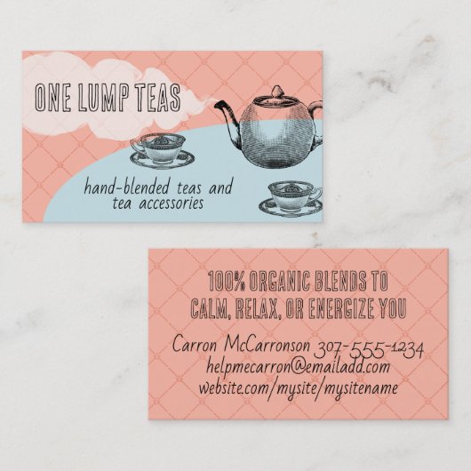 Blauwe bloemtheepot en theekopjes visitekaartjes (Voorkant / Achterkant)