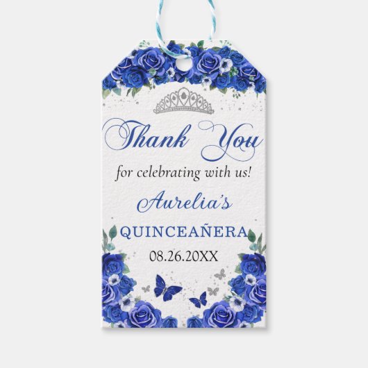 Blauwe bloemvlinder Quinceañera-cadeautags Cadeaulabel (Voorkant)