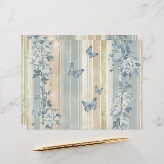 Blauwe bloemvlinders  plakboek papier (Voorkant / Achterkant in situ)