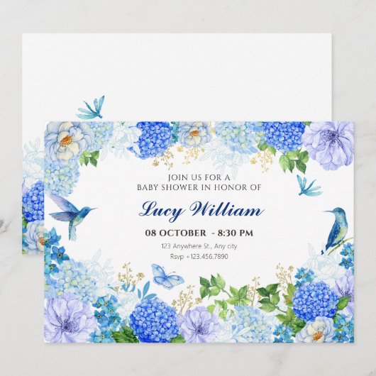 Blauwe bloemvogel elegant baby shower kaart (Voorkant / Achterkant)