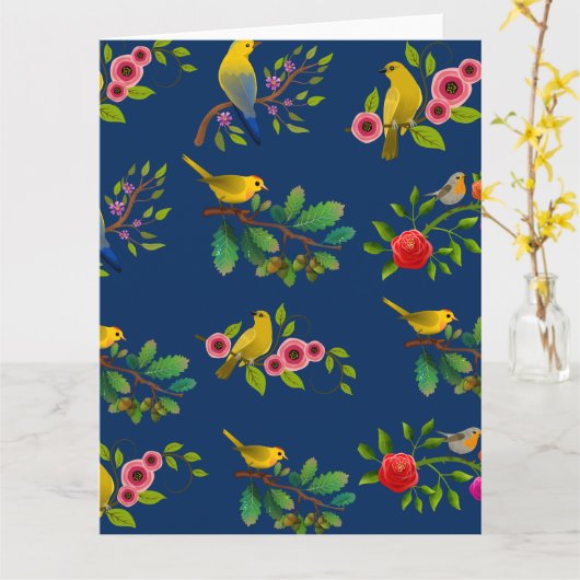 Blauwe bloemvogelprint  kaart (Gele Bloem)