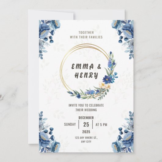 Blauwe bloesems en vergulde gouden bruiloft uitnod kaart (Voorkant)