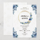 Blauwe bloesems en vergulde gouden bruiloft uitnod kaart (Voorkant / Achterkant)