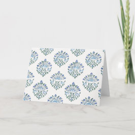 Blauwe blokdruk bloemensprig, ivoor kaart