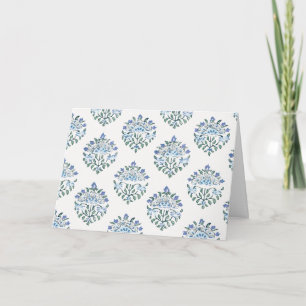 Blauwe blokdruk bloemensprig, ivoor kaart