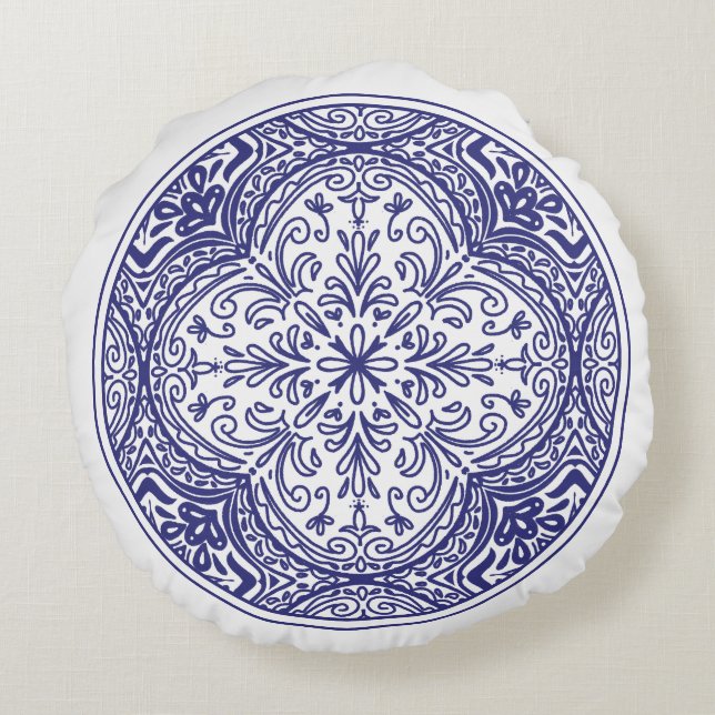 Blauwe Bloom mozaïek Rond Kussen (Achterkant)
