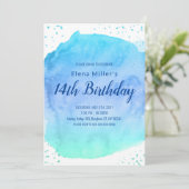 Blauwe blos waterverfstreek gouden glitter kaart (Staand voorkant)