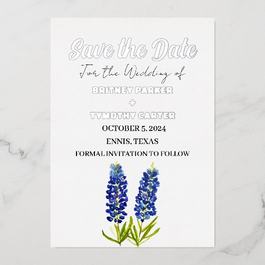 Blauwe Bluebonnets Bloemenfoto QR Code Bruiloft Folie Uitnodiging (Voorkant)