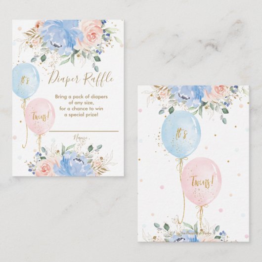 Blauwe Blush Bloemen Ballonnen Twins Luier Raffle Informatiekaartje (Voorkant / Achterkant)