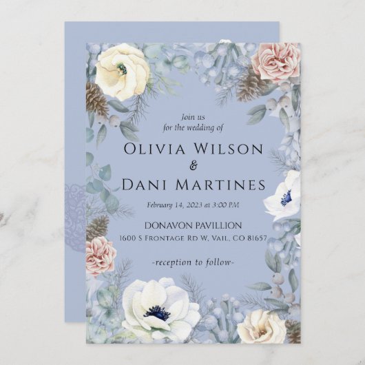 Blauwe Blush Bloemen Natuur Bruiloft Uitnodiging (Voorkant / Achterkant)