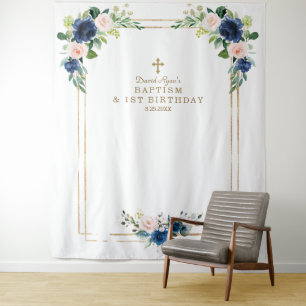 Blauwe Blush Bloemen Photo Booth Verjaardag Doop Wandkleed