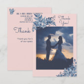 Blauwe, Blush Pink Waterverf Floral Weddenfoto Bedankkaart (Voorkant / Achterkant)