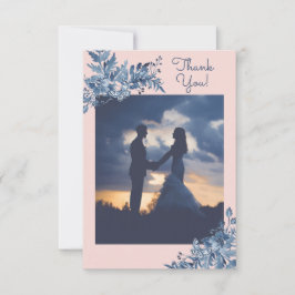 Blauwe, Blush Pink Waterverf Floral Weddenfoto Bedankkaart