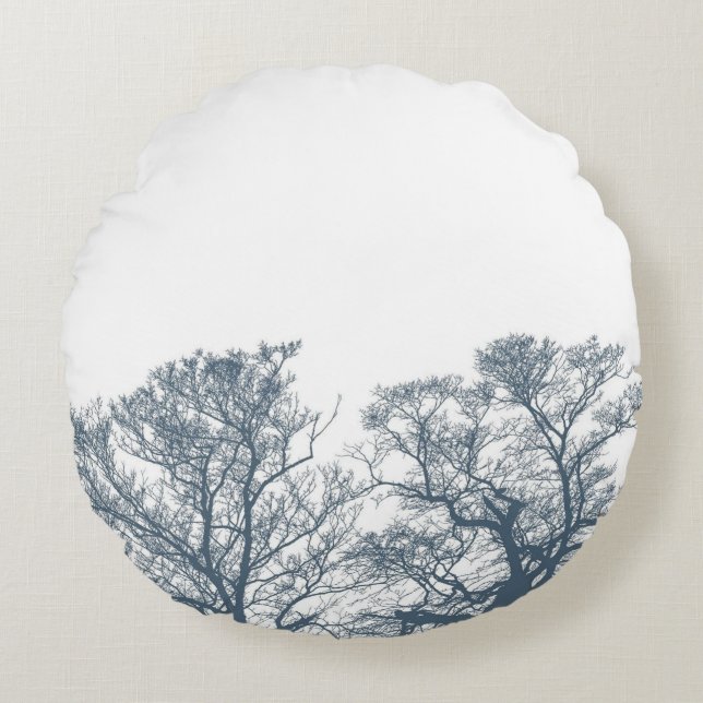 Blauwe Bodembomen Tropische Boho Rond Kussen (Voorkant)