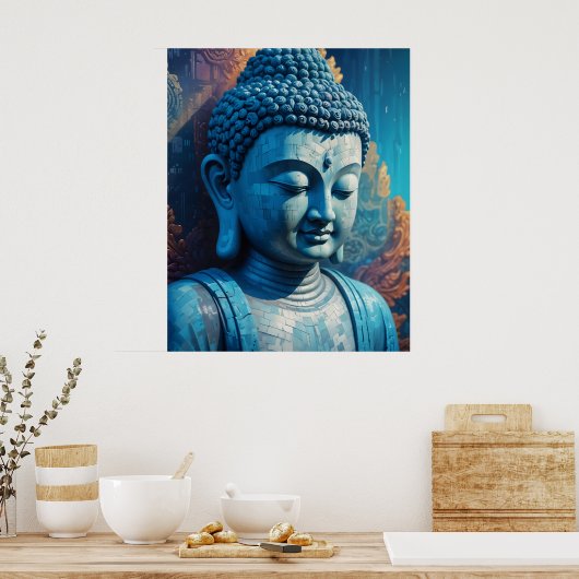 Blauwe Boeddha Abstracte Pixel Art Poster (Keuken)