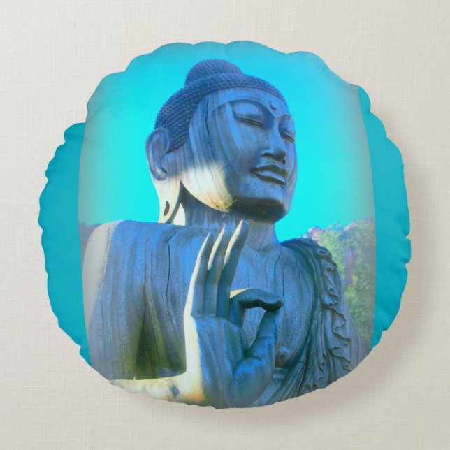 blauwe boeddha rond kussen (Voorkant)
