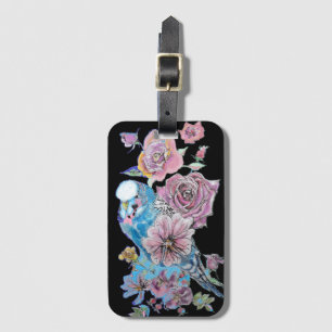 Blauwe boedgie Black Floral Waterverf Bagagelabel