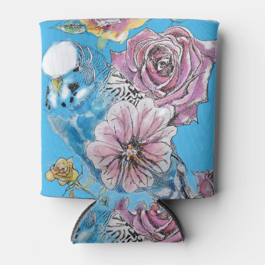 Blauwe boedgie Boedgerigar Roos Waterverf bloemen Blikjeskoeler (Voorkant)