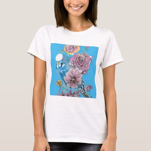 Blauwe boedgie Boedgerigar Roos Waterverf bloemen T-shirt (Voorkant)