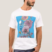 Blauwe boedgie Boedgerigar Roos Waterverf bloemen T-shirt (Voorkant)