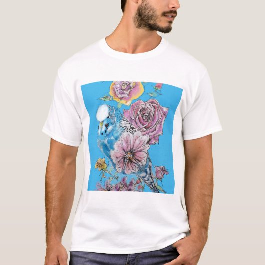 Blauwe boedgie Boedgerigar Roos Waterverf bloemen T-shirt (Voorkant)
