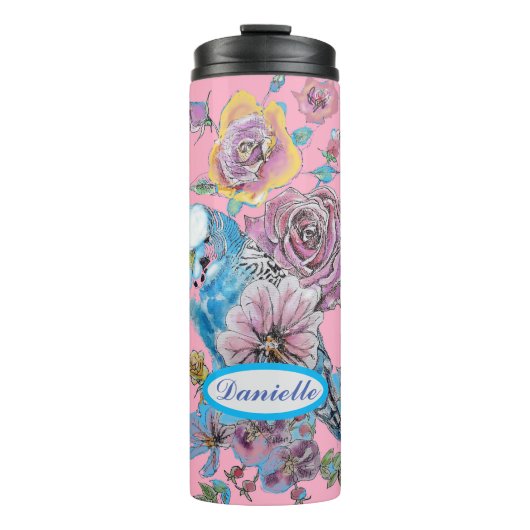 Blauwe boedgie Boedgerigar Roos Waterverf bloemen Thermosbeker (Voorkant)