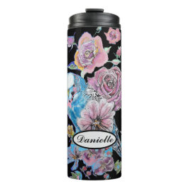 Blauwe boedgie Boedgerigar Roos Waterverf bloemen Thermosbeker