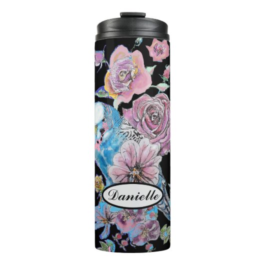 Blauwe boedgie Boedgerigar Roos Waterverf bloemen Thermosbeker (Voorkant)