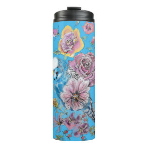 Blauwe boedgie Boedgerigar Roos Waterverf bloemen Thermosbeker