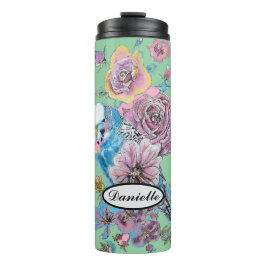 Blauwe boedgie Boedgerigar Roos Waterverf bloemen Thermosbeker