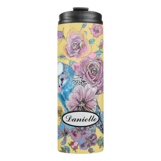 Blauwe boedgie Boedgerigar Roos Waterverf bloemen Thermosbeker (Voorkant)