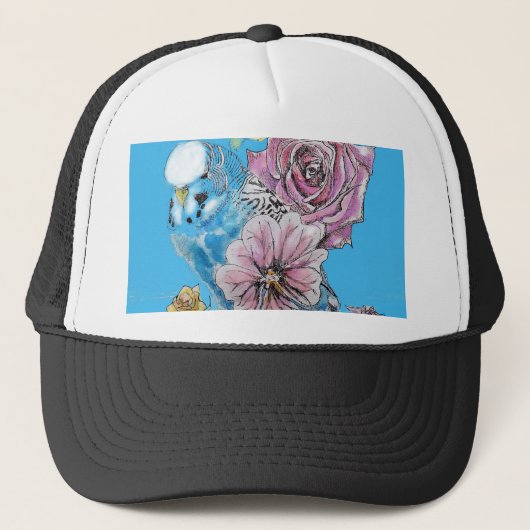 Blauwe boedgie Boedgerigar Roos Waterverf bloemen Trucker Pet (Voorkant)