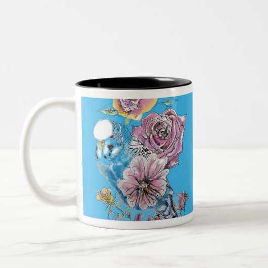 Blauwe boedgie Boedgerigar Roos Waterverf bloemen Tweekleurige Koffiemok (Links)