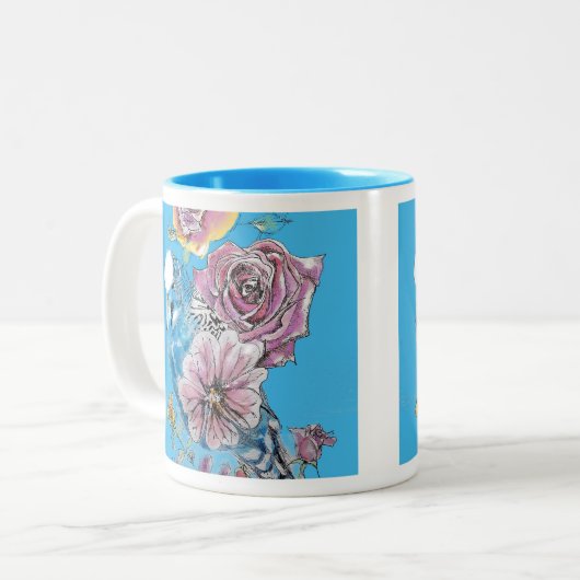Blauwe boedgie Boedgerigar Roos Waterverf bloemen Tweekleurige Koffiemok (Voorkant links)
