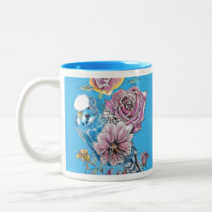 Blauwe boedgie Boedgerigar Roos Waterverf bloemen Tweekleurige Koffiemok