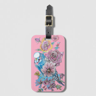 Blauwe boedgie Pink Floral Waterverf Bagagelabel