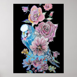 Blauwe boedgie Red Rose Black Waterverf art Poster