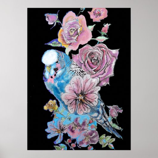 Blauwe boedgie Red Rose Black Waterverf art Poster (Voorkant)