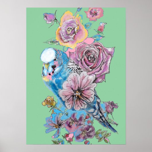 Blauwe boedgie Red Rose Green Waterverf art Poster (Voorkant)