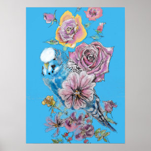 Blauwe boedgie Red Rose Pastel Waterverf art Poste Poster